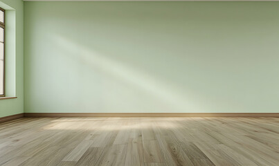 Light green wall and wooden floor create serene room atmosphere.
