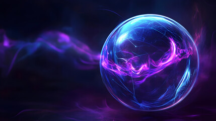 High-tech holographic sphere pulsating with electric blue and violet energy waves