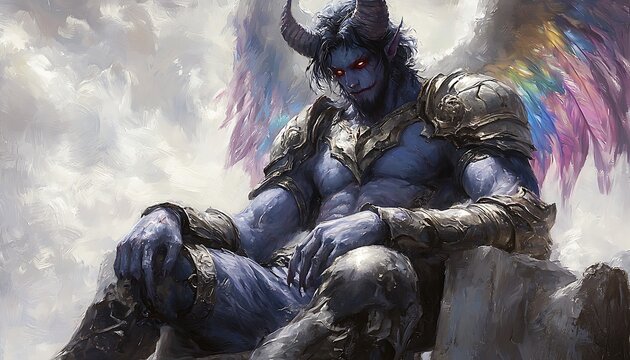 Horned Figure Seated Above Cloudy Landscape