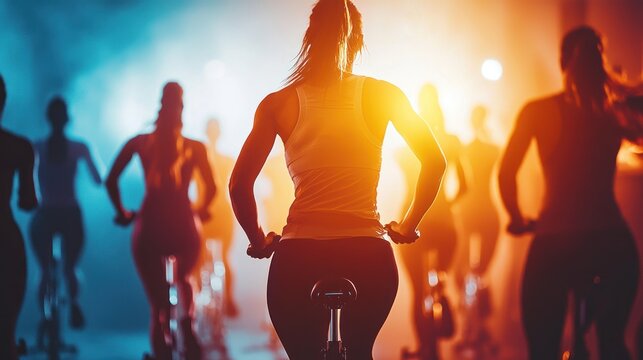 Energetic women in a cycling class, backlit.
