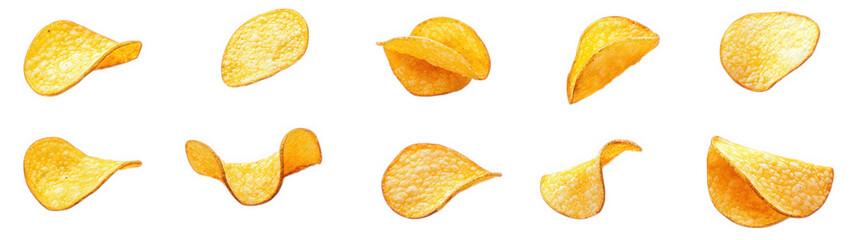 variety of potato chips arranged in different orientations against a white background the chips are golden-yellow and exhibit a crispy texture. emphasizing their snack appeal this composition highligh