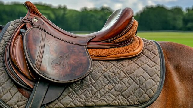 High-quality saddle resting on a horse in a lush equestrian field during a sunny day