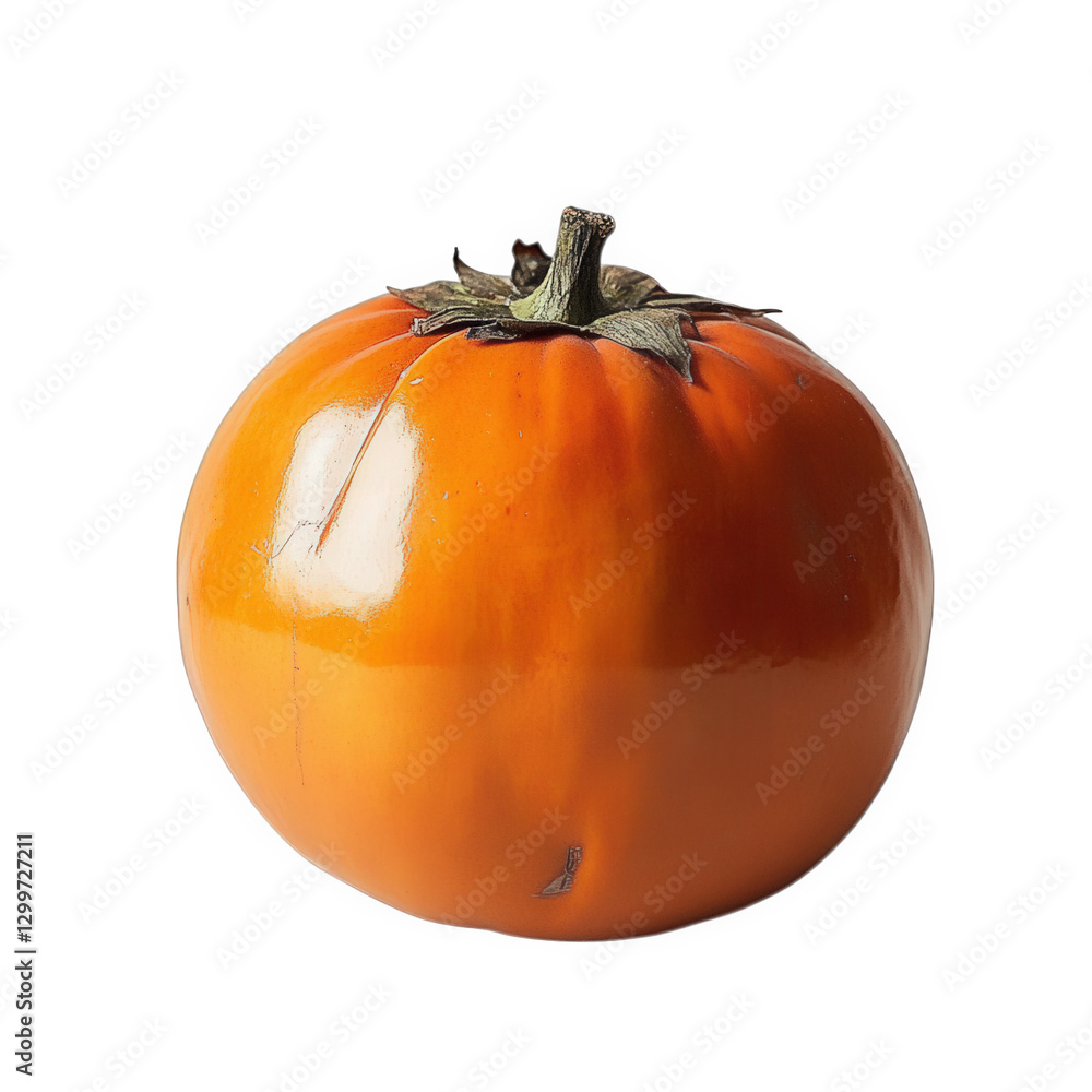 Poster single. glossy orange persimmon fruit with a green calyx on top. set against a plain white backgroun