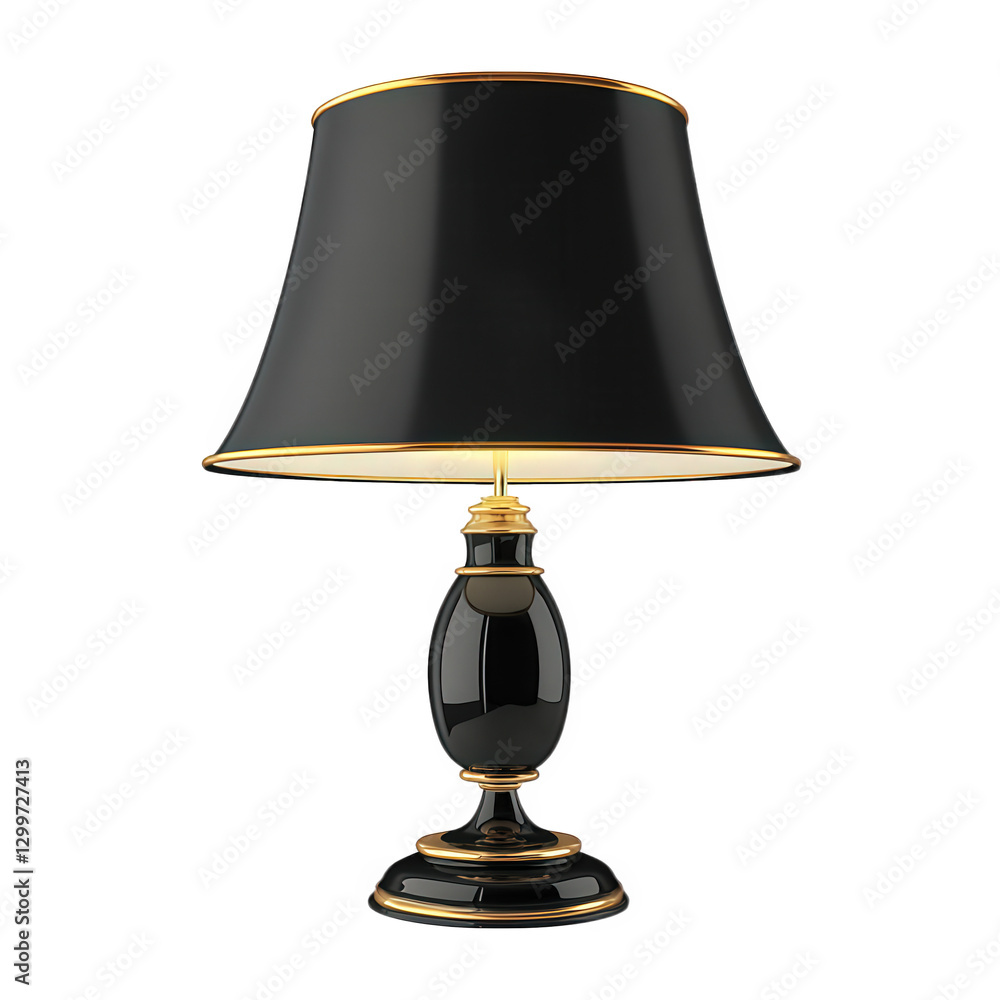 Poster a stylish black lamp with a gold trim. featuring an elegant shade and a decorative base this lamp se