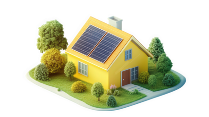 a charming yellow house with solar panels on its roof. surrounded by various trees and shrubs on a small patch of land the scene emphasizes eco-friendly living and renewable energy solutions in a visu