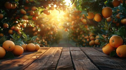 Sunlit Orange Grove with Wooden Table