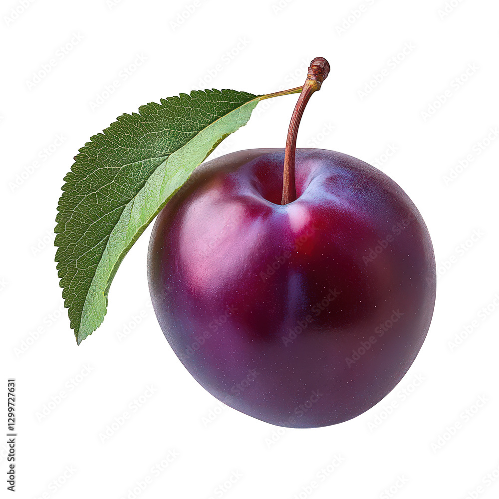 Poster single. ripe purple plum with a small green leaf attached to its stem. set against a white backgroun