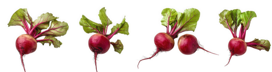 four fresh red beetroots with vibrant green leaves. arranged in a line against a white background the focus is on the natural beauty and nutritional appeal of the beetroots. highlighting their use in