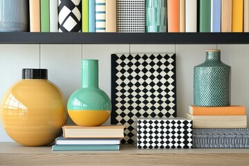 Chic Collection Of Decorative Vases And Books, Elegant Display, Modern Aesthetic Creating Calm Ambiance In Home Office