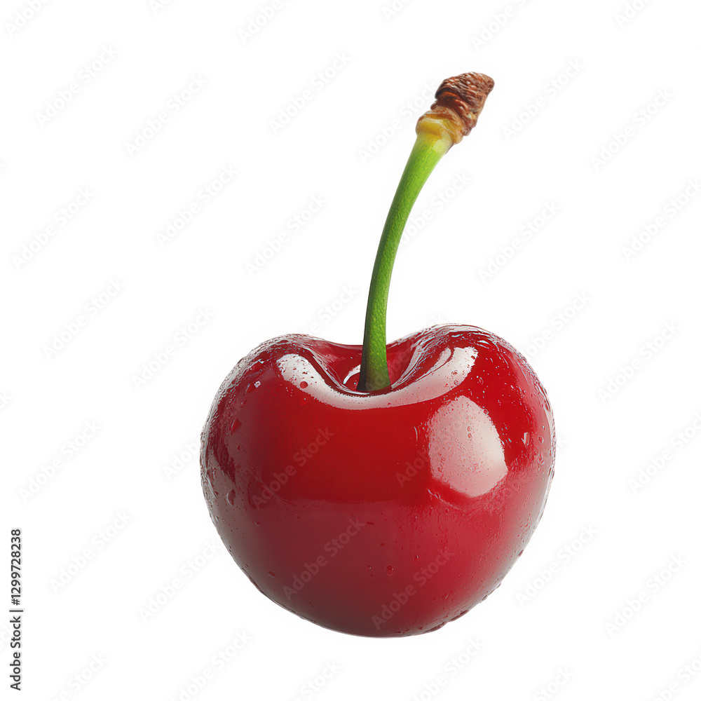 Poster shiny. red cherry with a green stem. glistening as if freshly washed the cherry is placed on a plain