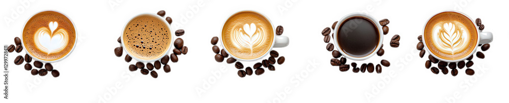 Poster a collection of five coffee cups arranged in a row. each featuring different types of coffee drinks 