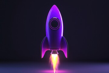 Digital neon purple rocket design, ideal for tech company branding with a bold look.
