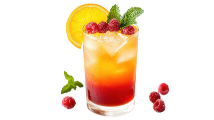 a vibrant cocktail featuring layers of orange and red hues. garnished with fresh mint. raspberries. and an orange slice. served over ice the drink is presented in a clear glass. evoking a refreshing a