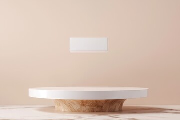 Floating product mockup with clean surface on 3D sleek podium, branding area.