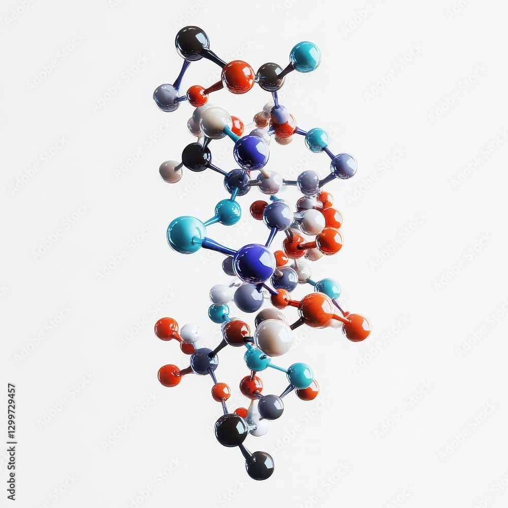 Poster abstract 3d rendering of a complex molecule with blue orange and grey atoms