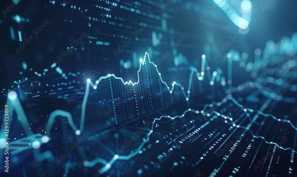 Poster Abstract Data Visualization Showing Financial Market Trends with Blue Lines and Points on Dark Background
