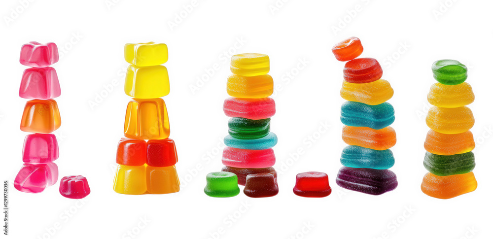 Poster a colorful arrangement of gummy candies stacked in various heights and shapes. emphasizing their vib