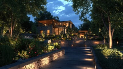 Fototapeta premium Pathway leading to a contemporary home, illuminated by strategically placed garden lights, creating a warm and inviting atmosphere at dusk, surrounded by lush landscaping