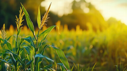 field of corn stalks swaying in breeze, illuminated by warm sunlight, creates serene and peaceful atmosphere