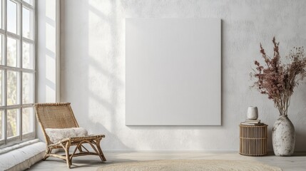 A large blank canvas hanging on the wall of an empty living room, white walls, a wooden armchair with a woven texture and rattan weaving next to it