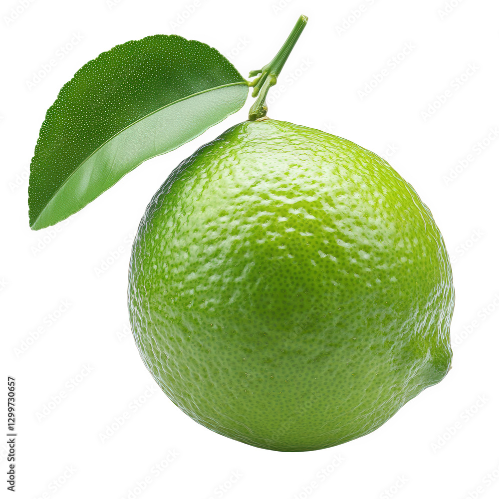 Poster a vibrant green lime with a glossy surface. accompanied by a single green leaf attached to its stem 