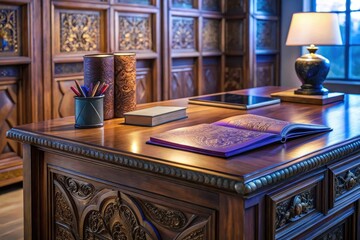 Intricately Carved Wooden Desk with Open Book, Pens, and Tablet, Illuminated by Soft Lamplight