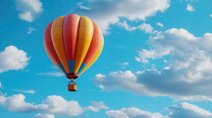 Fototapeta premium vibrant hot air balloon with red and yellow stripes floats gracefully in clear blue sky filled with fluffy white clouds, evoking sense of adventure and freedom