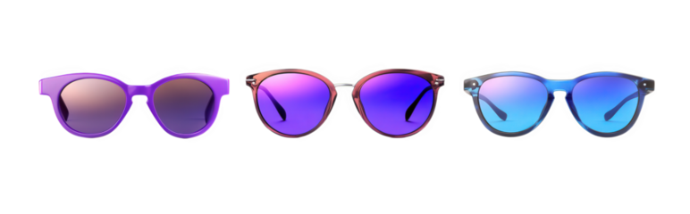 three pairs of stylish sunglasses arranged in a row against a white background each pair has a unique design and color gradient. showcasing modern fashion trends in eyewear the sunglasses serve both f