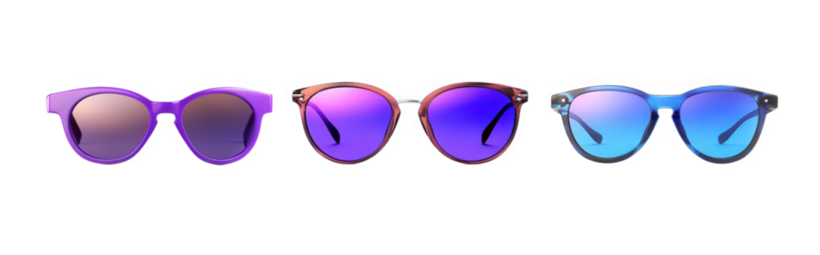 three pairs of stylish sunglasses arranged in a row against a white background each pair has a unique design and color gradient. showcasing modern fashion trends in eyewear the sunglasses serve both f - Powered by Adobe