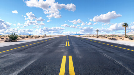 Fototapeta premium long, empty road stretches into distance under bright blue sky filled with fluffy clouds. surrounding landscape features desert vegetation and sense of tranquility