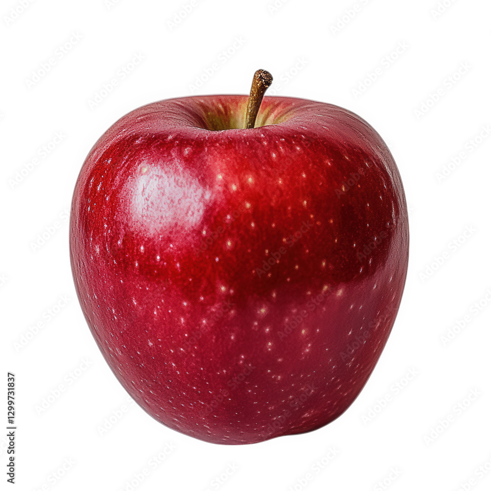 Poster single. shiny red apple placed against a plain white background. highlighting its smooth texture and