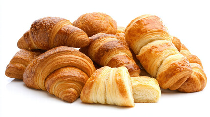 Fototapeta premium Freshly baked assorted croissants and pastries stacked together, showcasing their flaky layers and golden brown crusts, perfect for breakfast or delightful snack