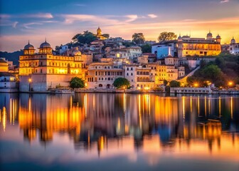 Obraz premium Udaipur Lake Pichola Dawn: Serene Architectural Reflections