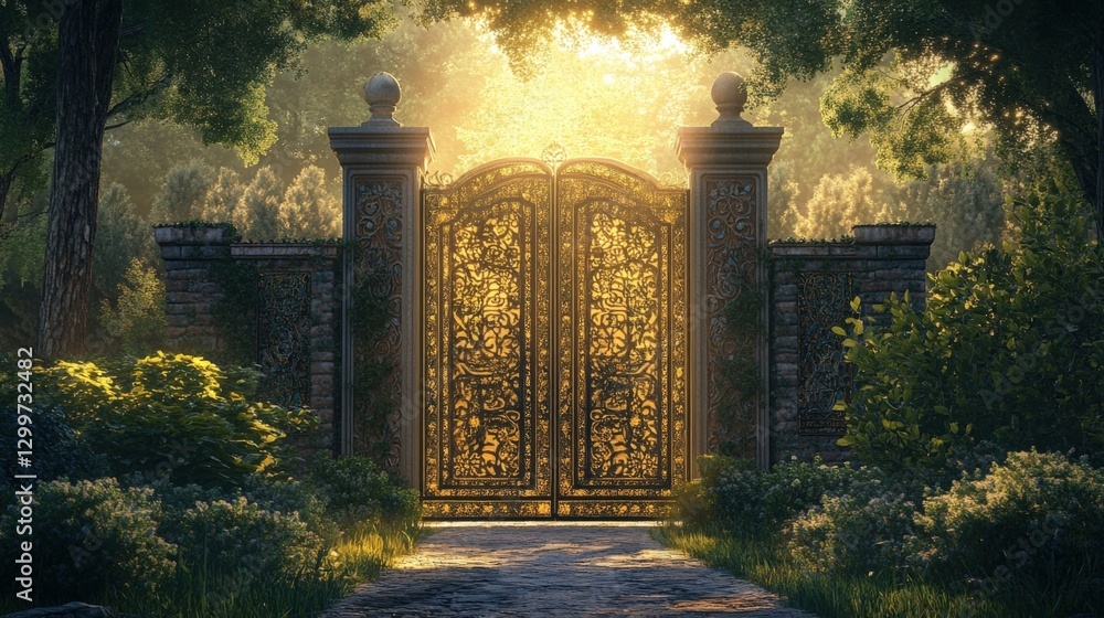 Poster golden gate with intricate carvings glows in the center of a magical forest as the sun rises, creati