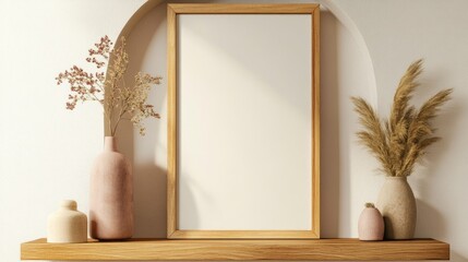 A large, blank wooden picture frame on an arched shelf in the wall, with neutral tones and a boho aesthetic