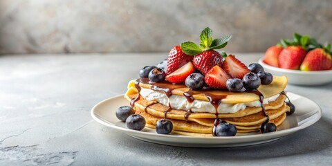 Delicious Stack of Pancakes Topped with Strawberries, Blueberries, Cream, and Chocolate Sauce