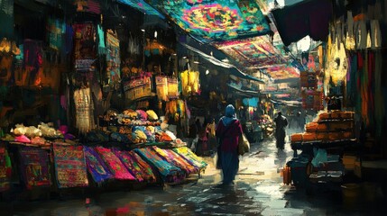 Obraz premium Vibrant Urban Market with Rich Textures and Light Effects