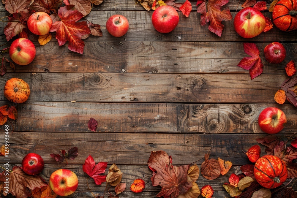 Poster autumnal still life with red apples and fall leaves on rustic wooden background