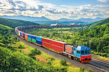 Colorful Freight Train Traveling Through Scenic Green Landscape