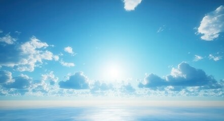 Bright Blue Sky with Fluffy White Clouds Over a Calm Ocean Horizon