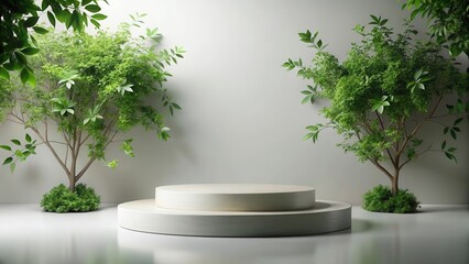 Serene Minimalist Display Two Lush Green Trees Flanking an Elegant Two-Tiered Pedestal on a Light Grey Background