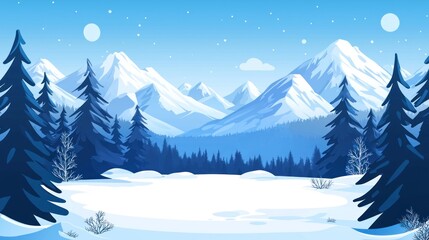 Fototapeta premium Snowy mountain range landscape with pine trees.