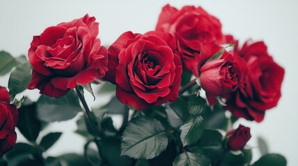 Obraz premium Close Up of Red Roses with Green Leaves Against a White Background