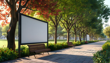 Promotional billboards along a serene park pathway outdoor advertising scene lush greenery daytime view urban concept