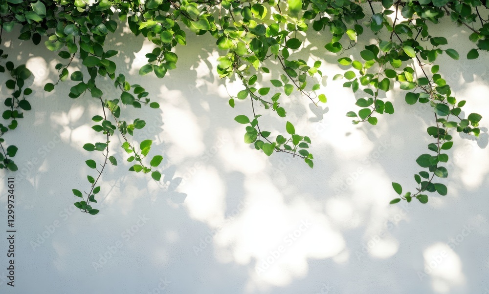 Poster lush green leaves cascading down a light neutral wall creating a natural frame with soft shadow effe