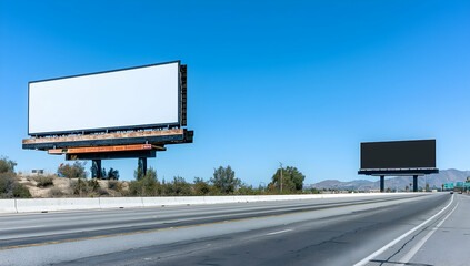 Two large billboards by an empty highway, white and black backgrounds.