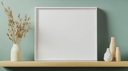 A photograph of a large, white, blank frame mockup on a shelf, with a light wood and sage green wall background, in a minimalist style