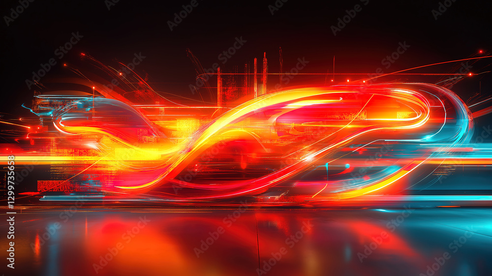 Poster abstract design featuring flowing neon lines, representing communication and movement in a digital w