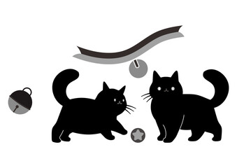 Illustration of Two Black Cats Playing with Toys on a White Background