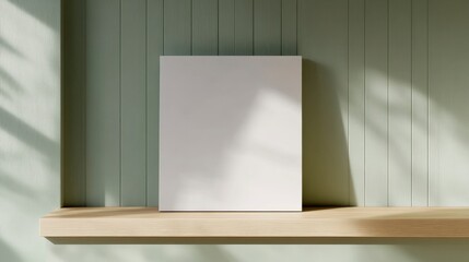 A photograph of a large, white, blank frame mockup on a shelf, with a light wood and sage green wall background, in a minimalist style